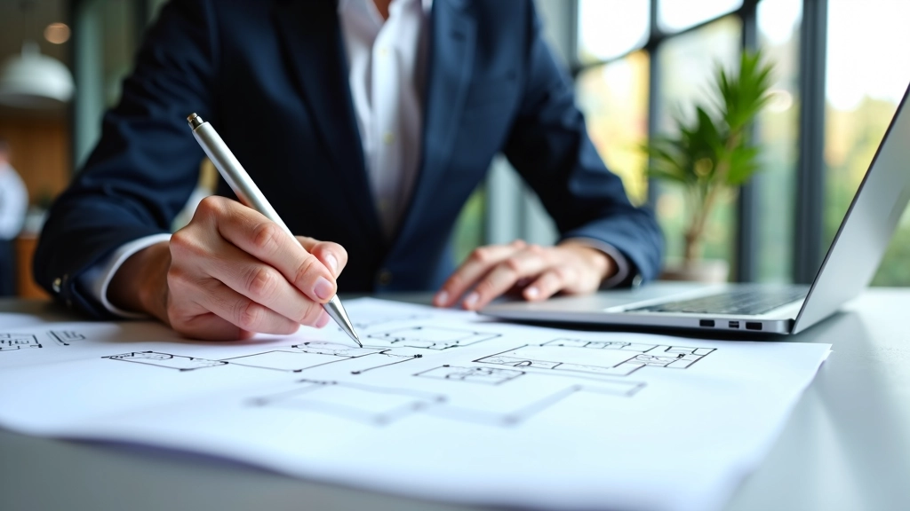 Bedrijfsleider analyseert kantoorruimte-vereisten aan bureau met plattegronden en notities