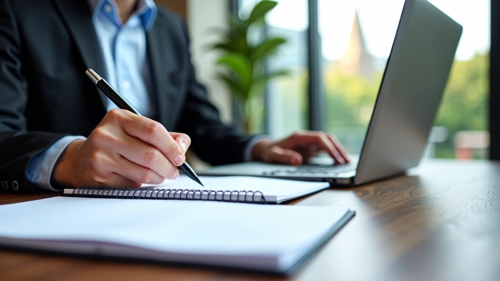 Close-up van iemand die aantekeningen maakt in kantoor met laptop op achtergrond